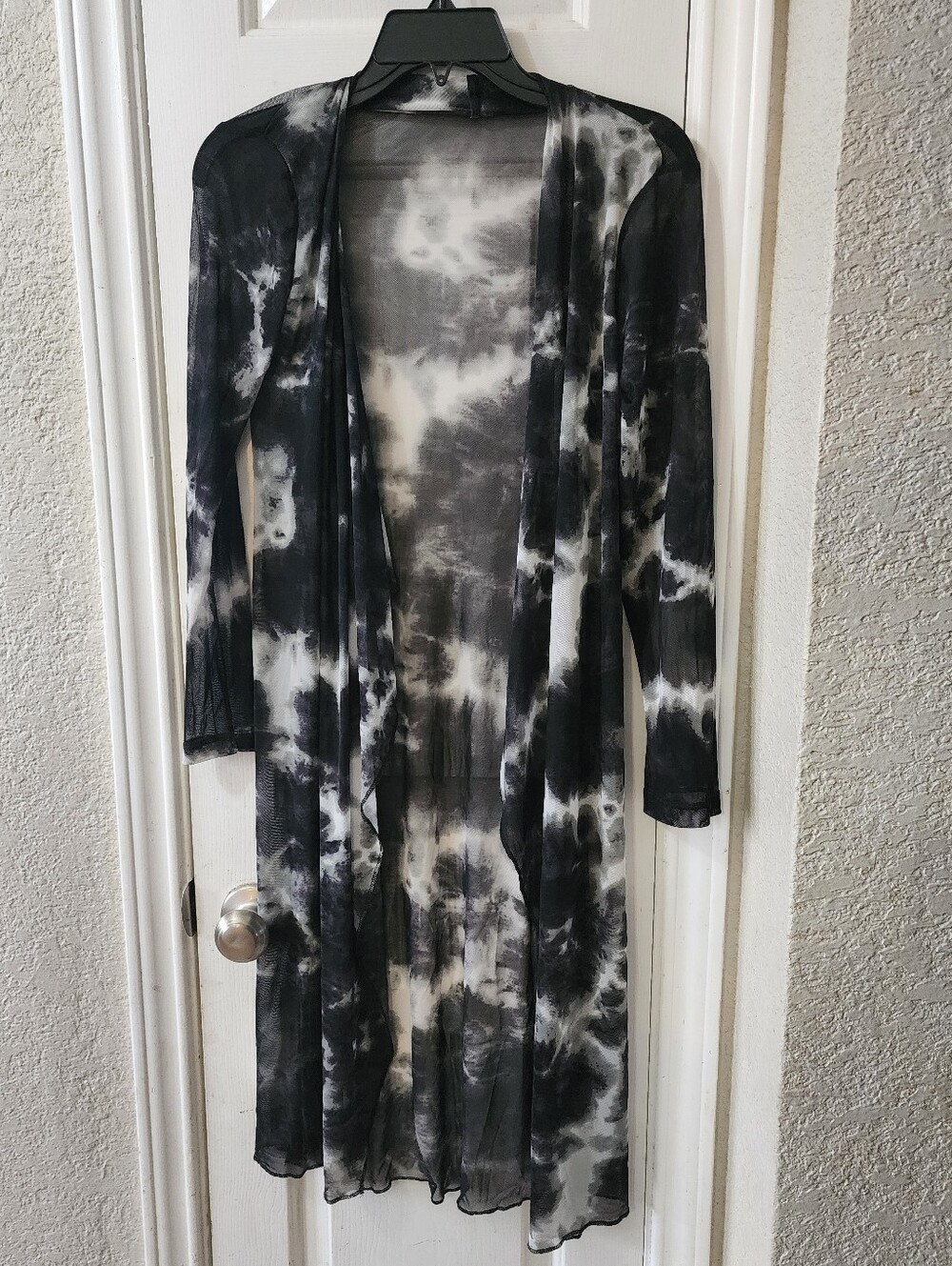 Tie-Dye Long Open Front Duster Cardigan - Black & White